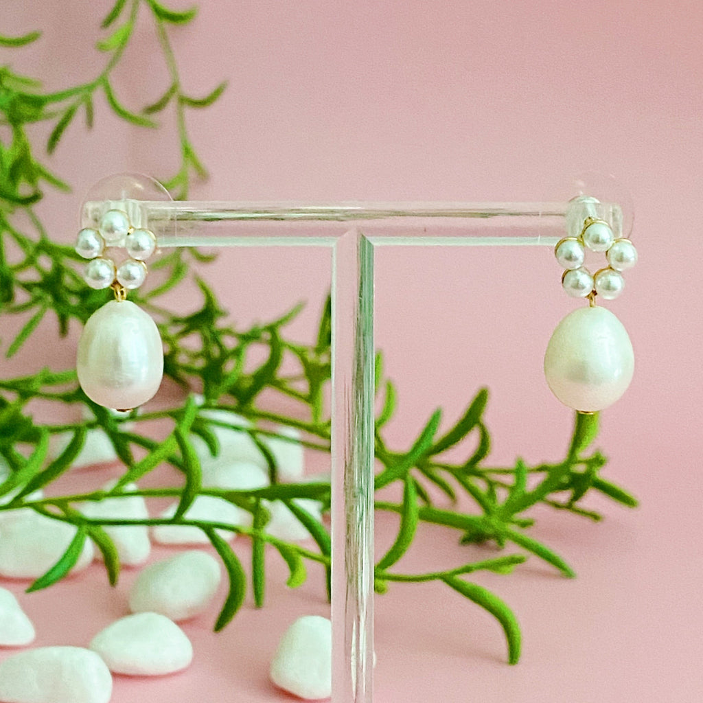 Pearl drop earrings closeup
