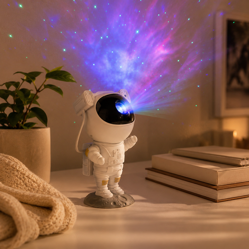 Astronaut Galaxy Star Projector glowing on a cozy dorm desk