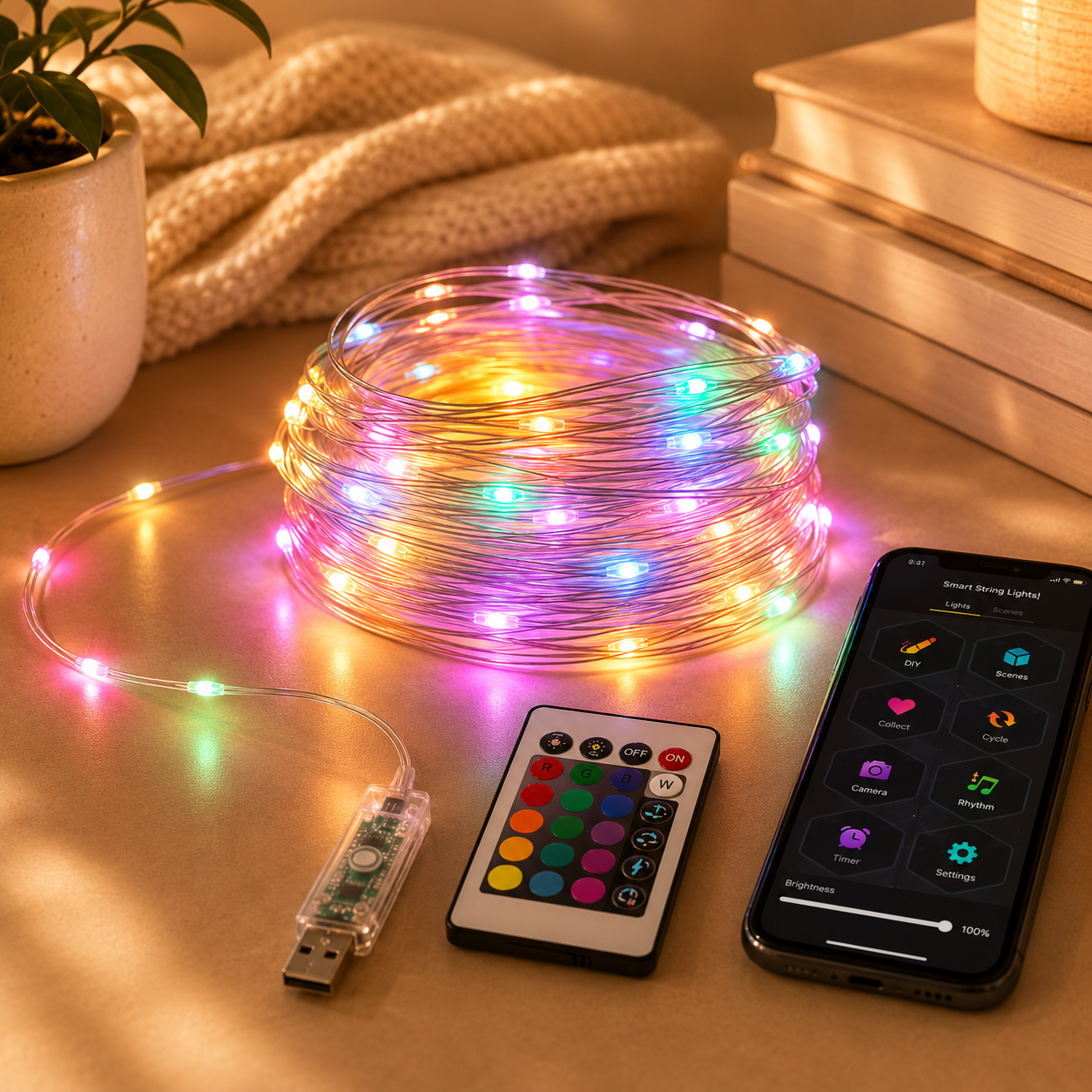 Dreamcolor RGB LED Fairy Lights glowing in a cozy dorm room