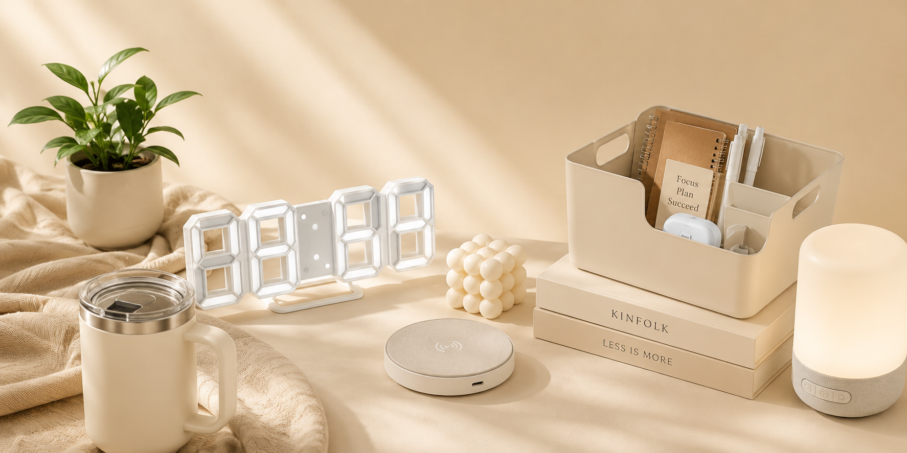 Lumora dorm desk essentials — LED clock, wireless charger, tumbler, and organizer