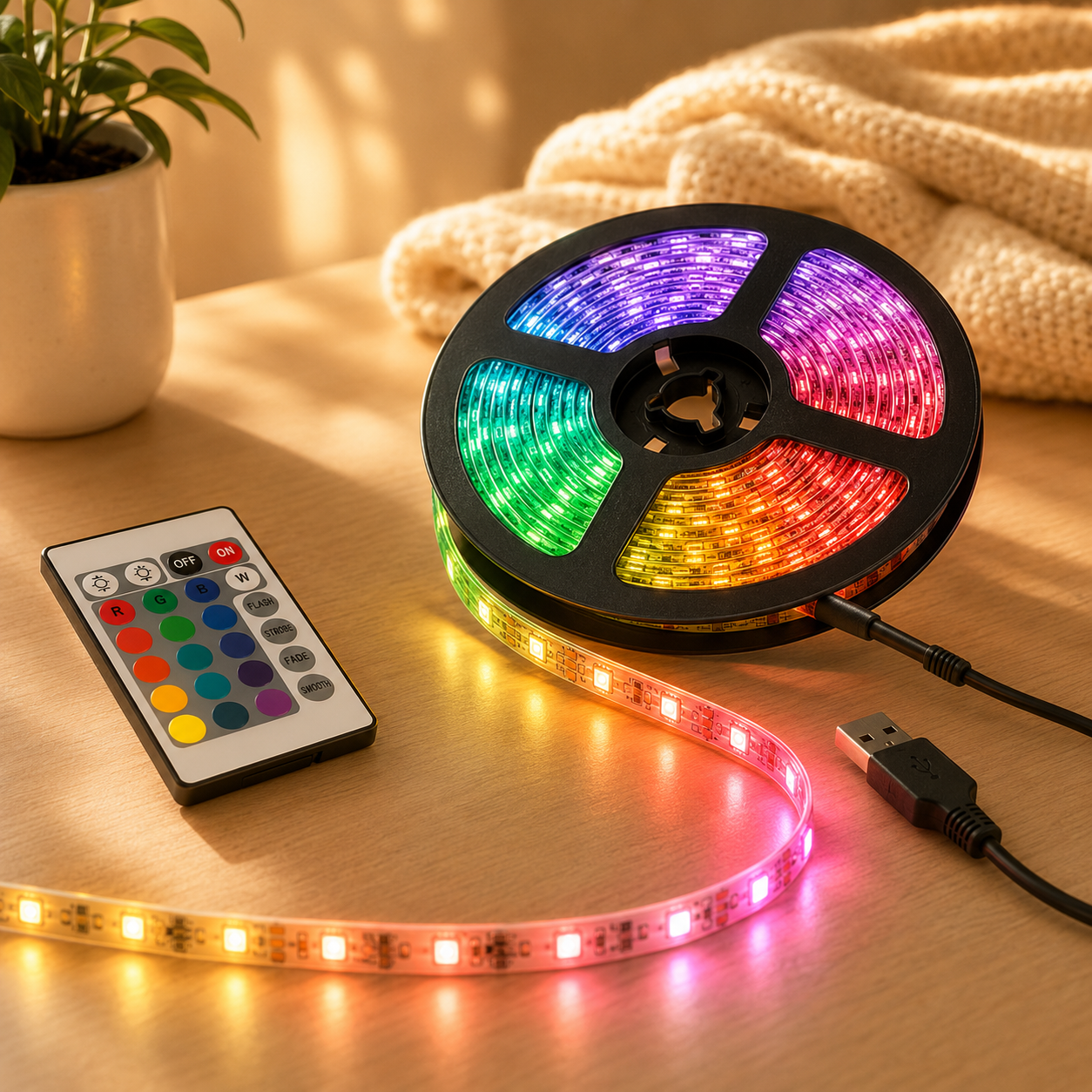 RGB LED Strip Lights glowing in a cozy dorm room