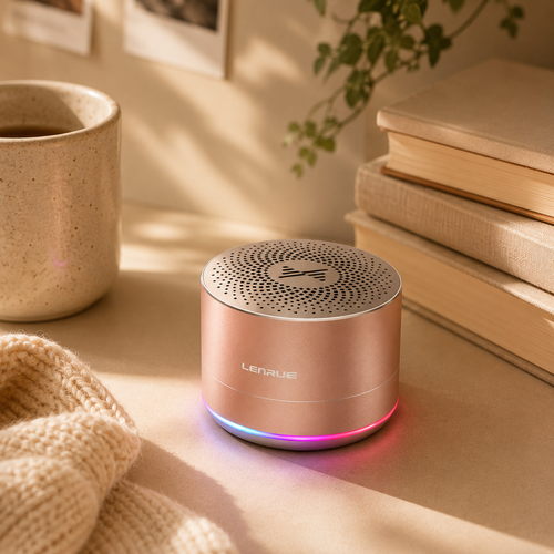 RGB Glow Portable Bluetooth Speaker on a cozy dorm desk