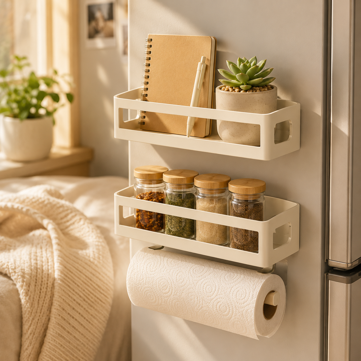 Magnetic Wall Shelf Organizer mounted in a cozy dorm room